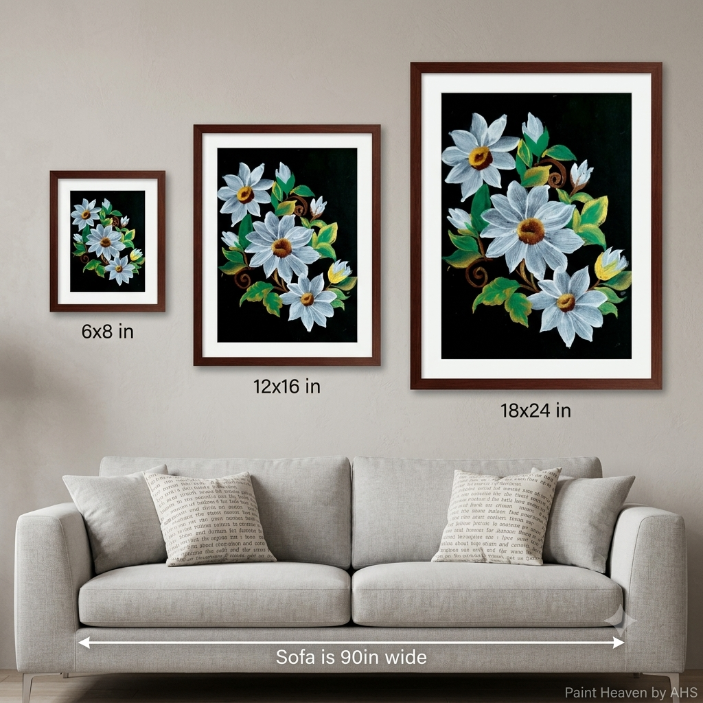 White Daisy Cluster printable wall art shown at actual print size for scale
