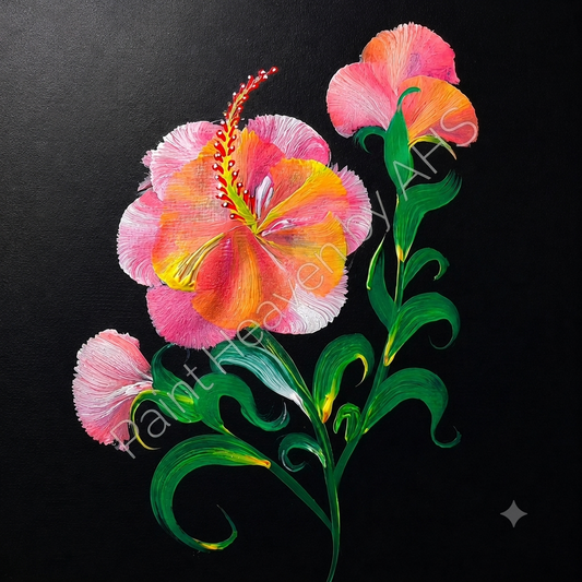 Soft Pink Hibiscus with Curved Stem one-stroke painting on black paper, printable wall art
