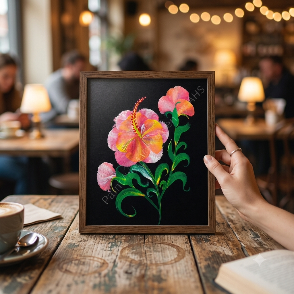 Soft Pink Hibiscus with Curved Stem framed art print displayed on a table
