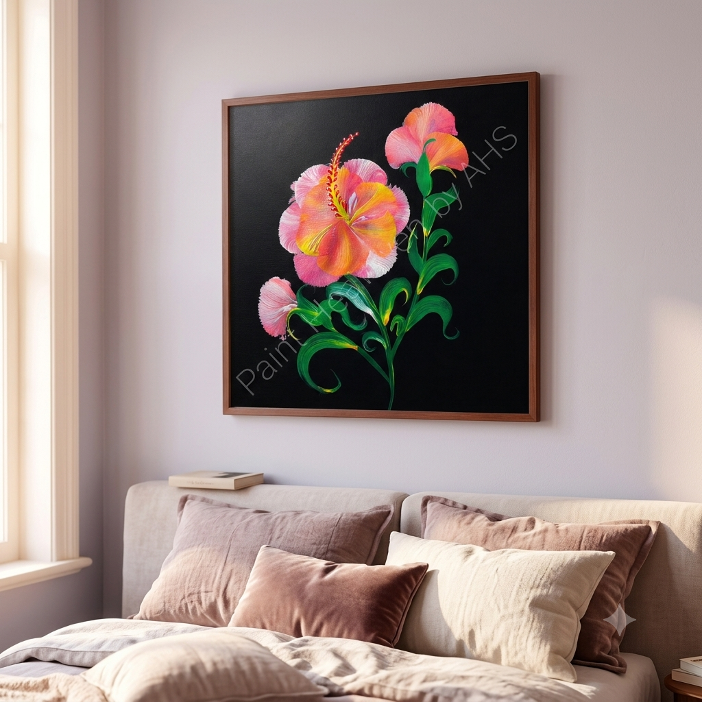 Soft Pink Hibiscus with Curved Stem framed floral print hanging on a living room wall
