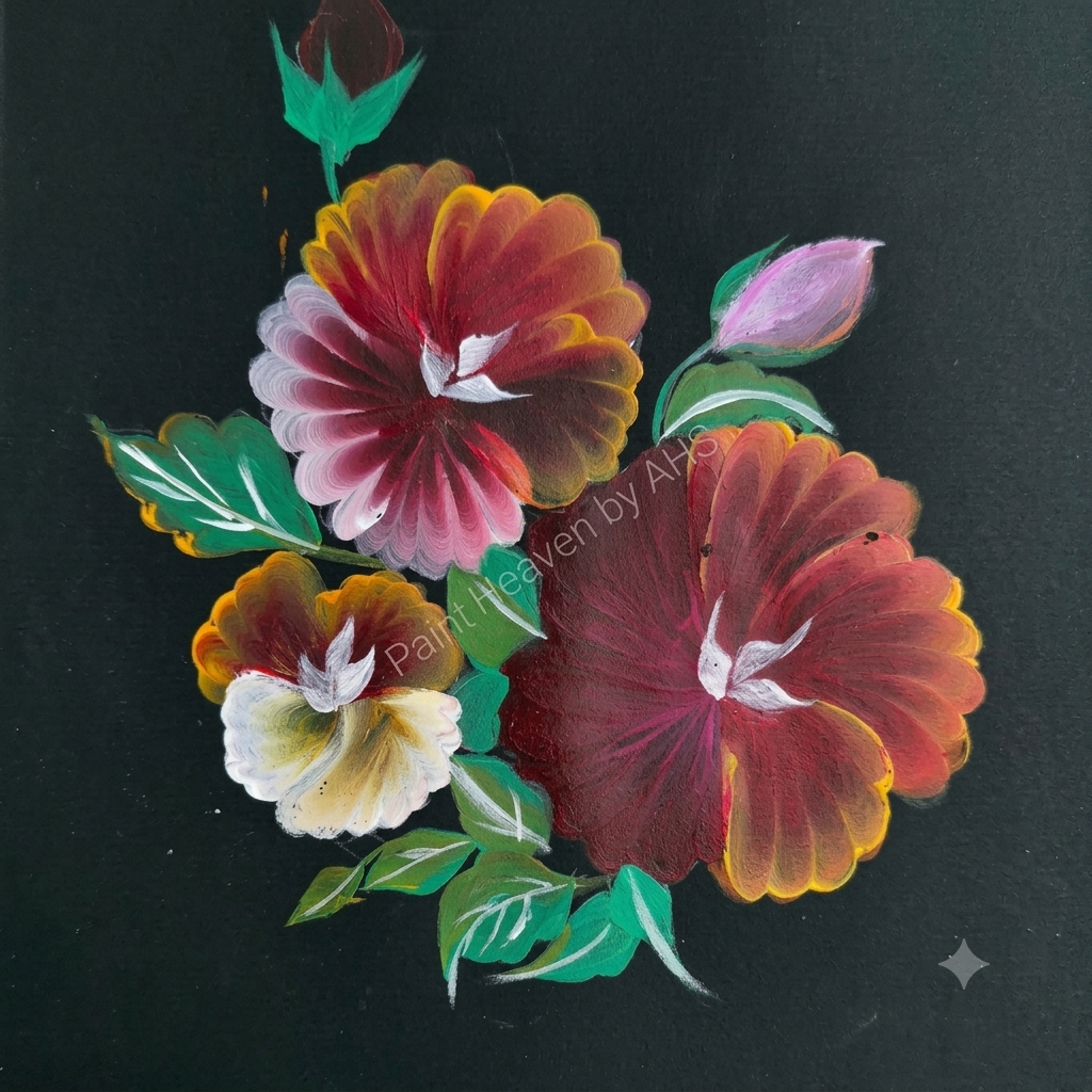 Sunset Red & Pink Florals one-stroke painting on black paper, printable wall art

