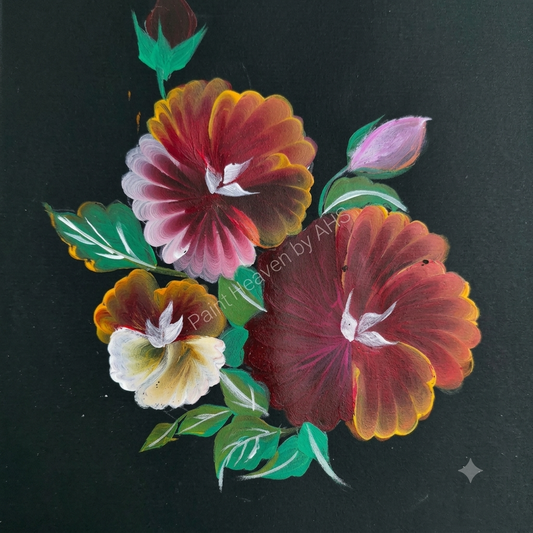 Sunset Red & Pink Florals one-stroke painting on black paper, printable wall art
