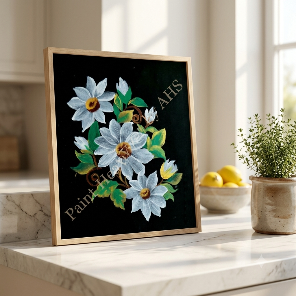White Daisy Cluster framed art print displayed on a table
