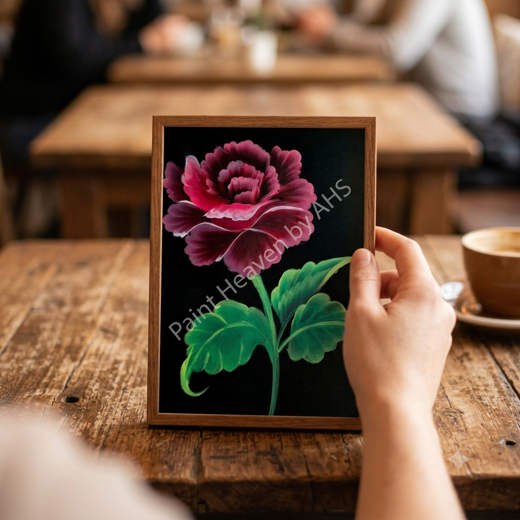 Dramatic Red Rose framed art print displayed on a table
