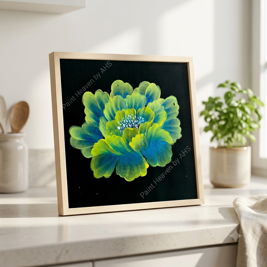 Turquoise & Green Flowing Iris framed art print displayed on a table
