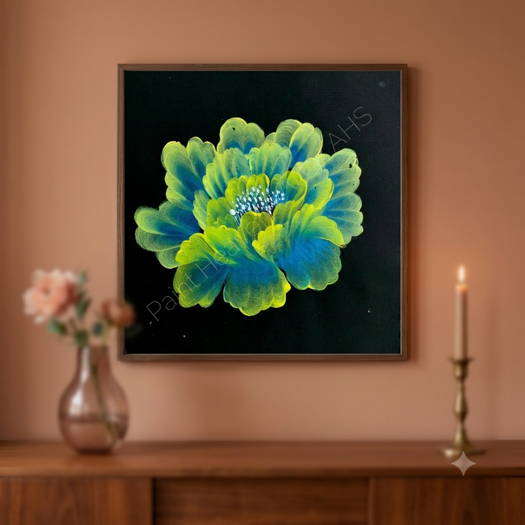 Turquoise & Green Flowing Iris framed floral print hanging on a living room wall
