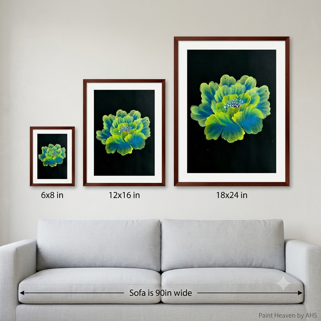 Turquoise & Green Flowing Iris framed floral print hanging on a living room wall
