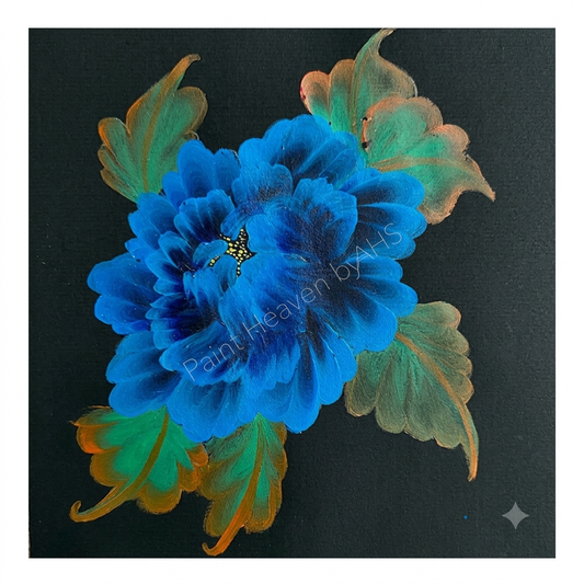 Vibrant Blue Petals one-stroke painting on black paper, printable wall art
