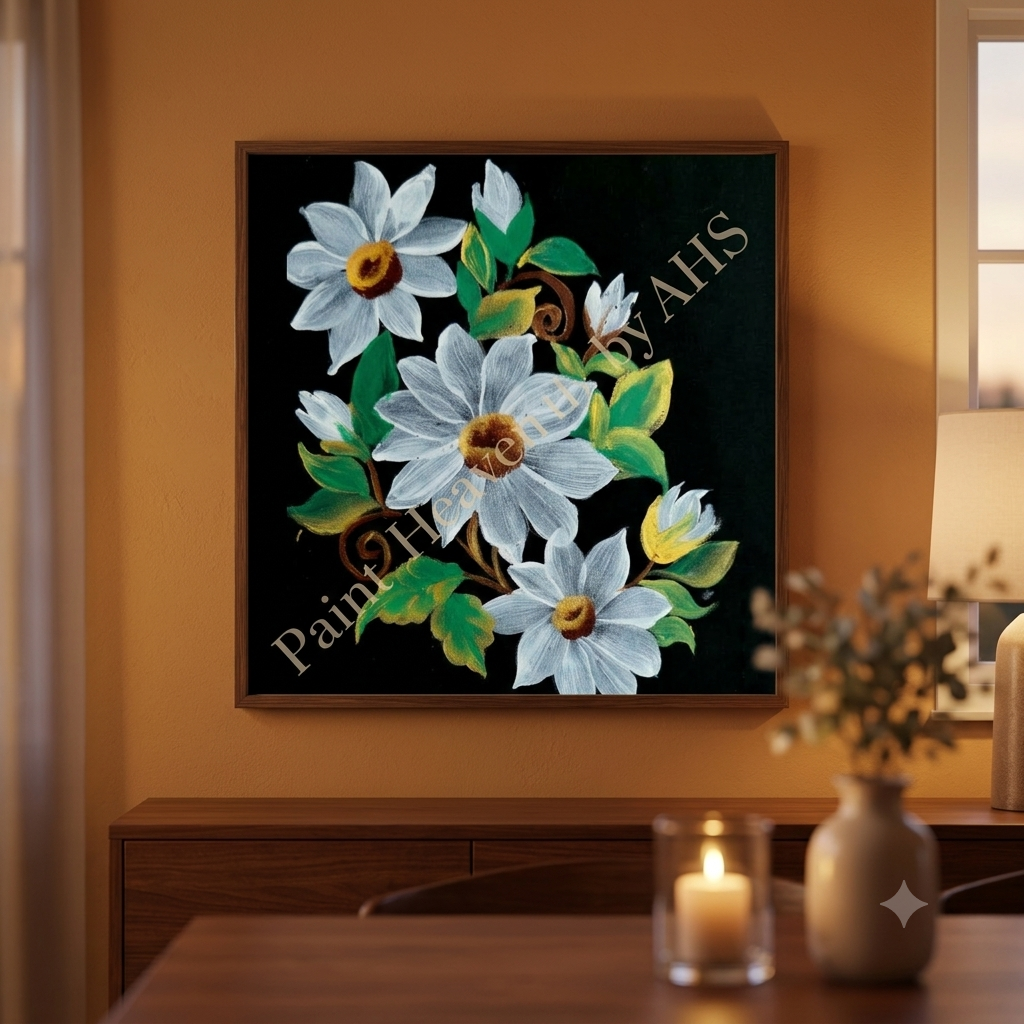 White Daisy Cluster framed floral print hanging on a living room wall
