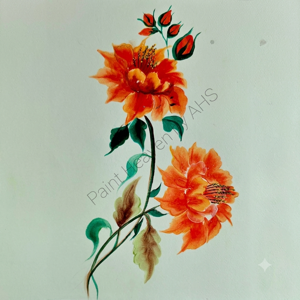 Warm Orange Florals one-stroke painting on white paper, printable wall art
