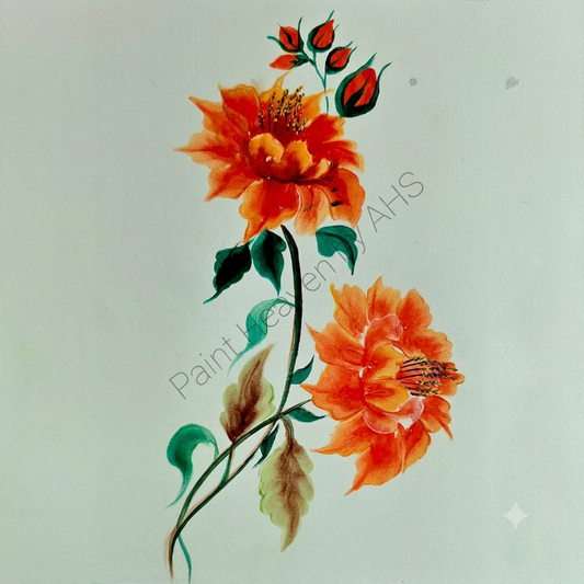 Warm Orange Florals one-stroke painting on white paper, printable wall art

