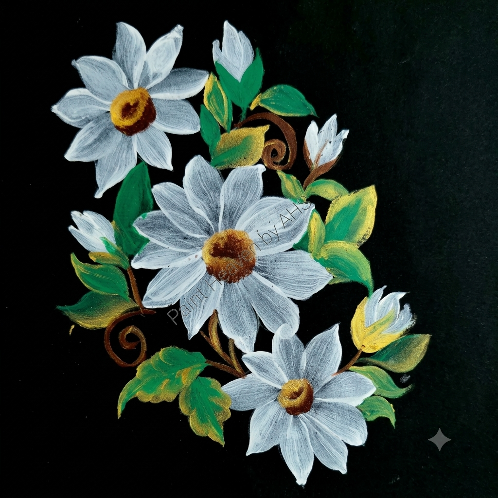 White Daisy Cluster one-stroke painting on black paper, printable wall art
