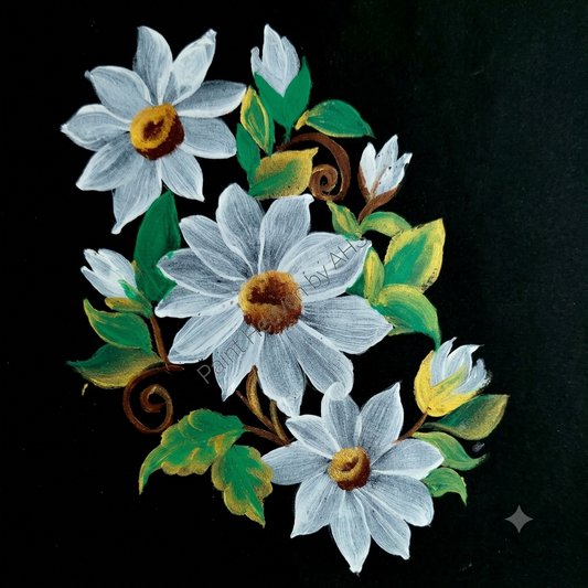 White Daisy Cluster one-stroke painting on black paper, printable wall art
