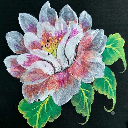 White Peony on Midnight Black Background one-stroke painting on black paper, printable wall art
