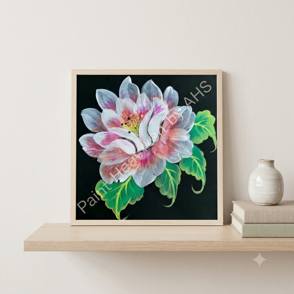 Image 13: White Peony on Midnight Black Background framed art print displayed on a table
