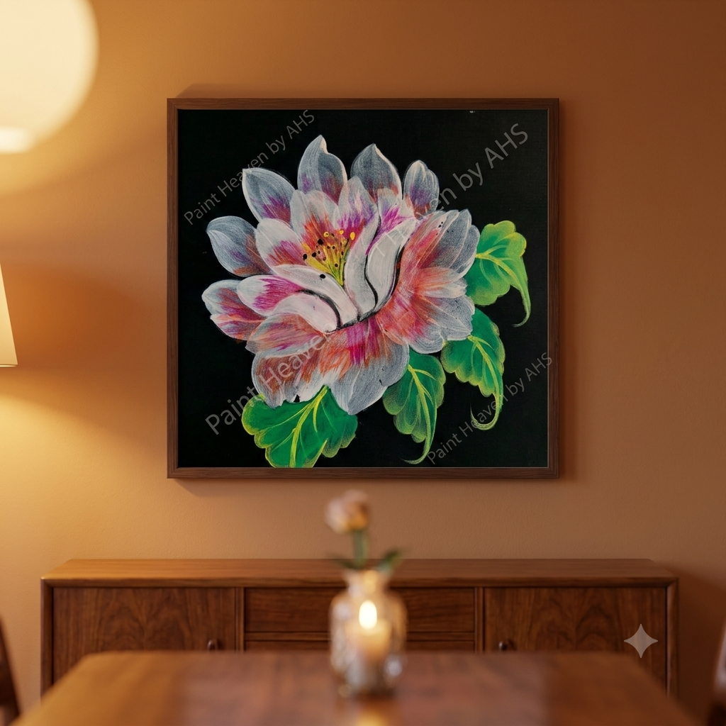 Image 13: White Peony on Midnight Black Background framed floral print hanging on a living room wall
