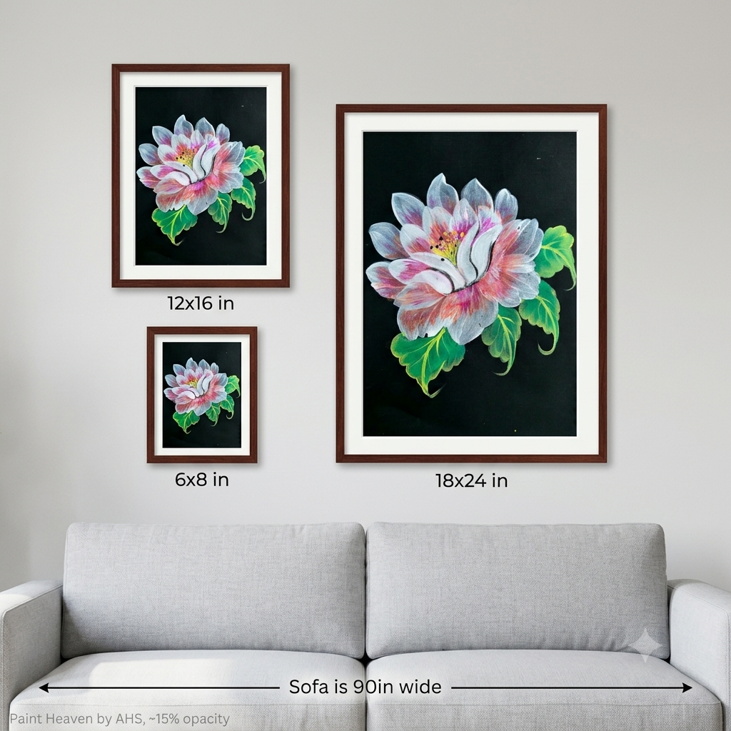 White Peony on Midnight Black Background printable wall art shown at actual print size for scale
