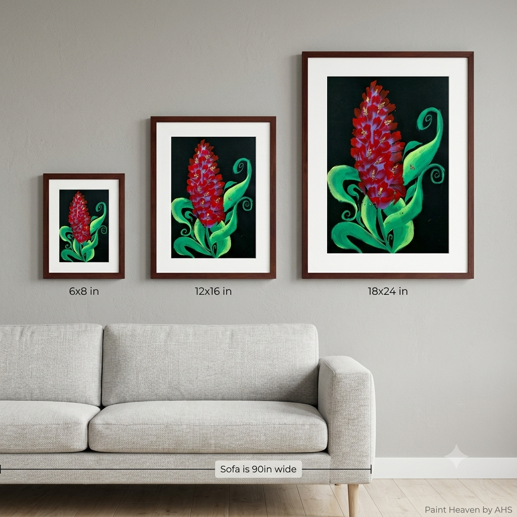  Red Gladiolus on Black Paper (Vibrant red and purple blooms, lush green leaves, dark background) printable wall art shown at actual print size for scale