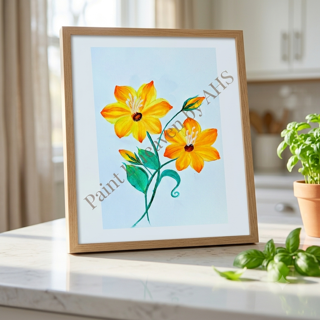 Vibrant Orange Multi-Bloom Arrangement (Lush garden style, white background) framed art print displayed on a table
