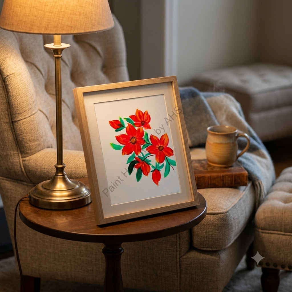 Bright Orange Florals with Buds framed art print displayed on a table
