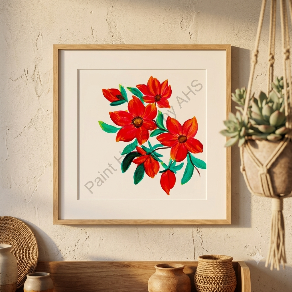 Bright Orange Florals with Buds framed floral print hanging on a living room wall
