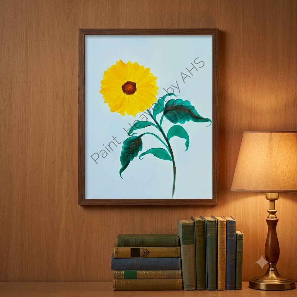 Golden Sunflower framed floral print hanging on a living room wall
