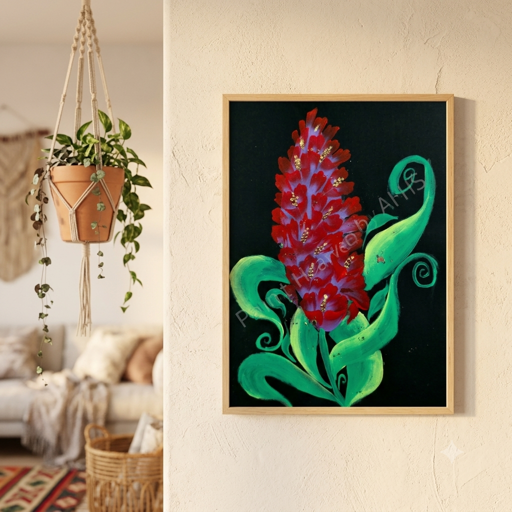 Red Gladiolus on Black Paper (Vibrant red and purple blooms, lush green leaves, dark background) framed floral print hanging on a living room wall
