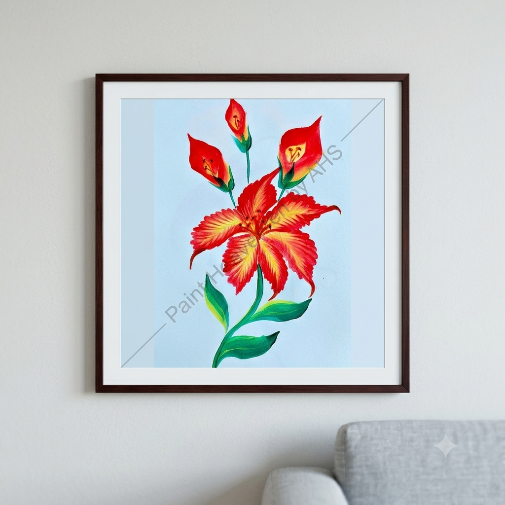 Red Lily with Buds framed floral print hanging on a living room wall
