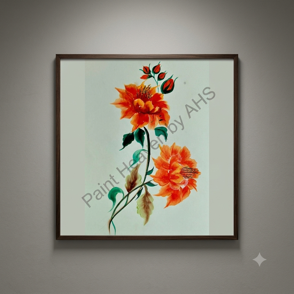 Warm Orange Florals framed floral print hanging on a living room wall
