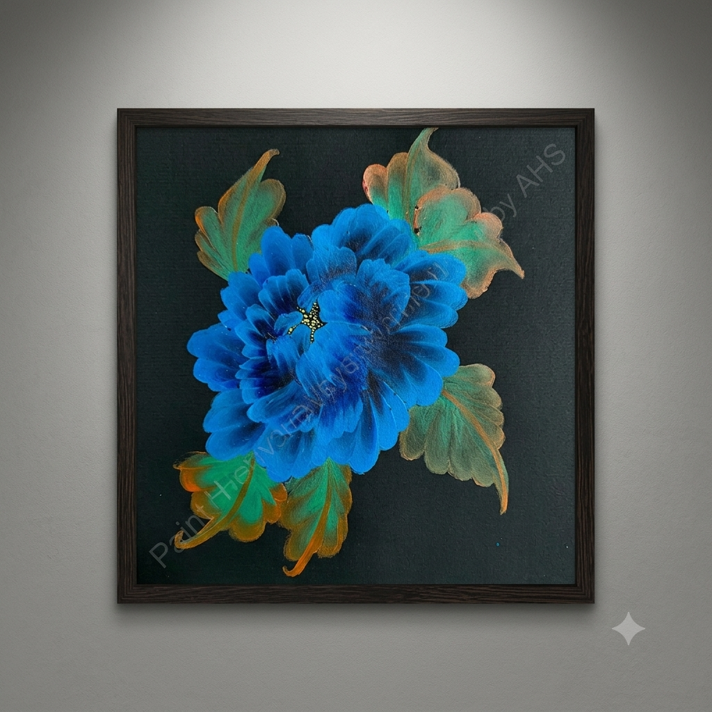 Vibrant Blue Petals framed floral print hanging on a living room wall
