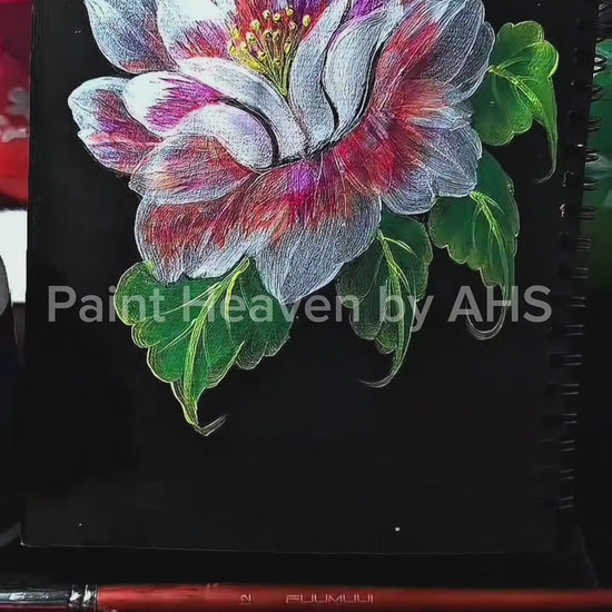 White Peony on Midnight Black Background one-stroke painting on black paper, printable wall art
