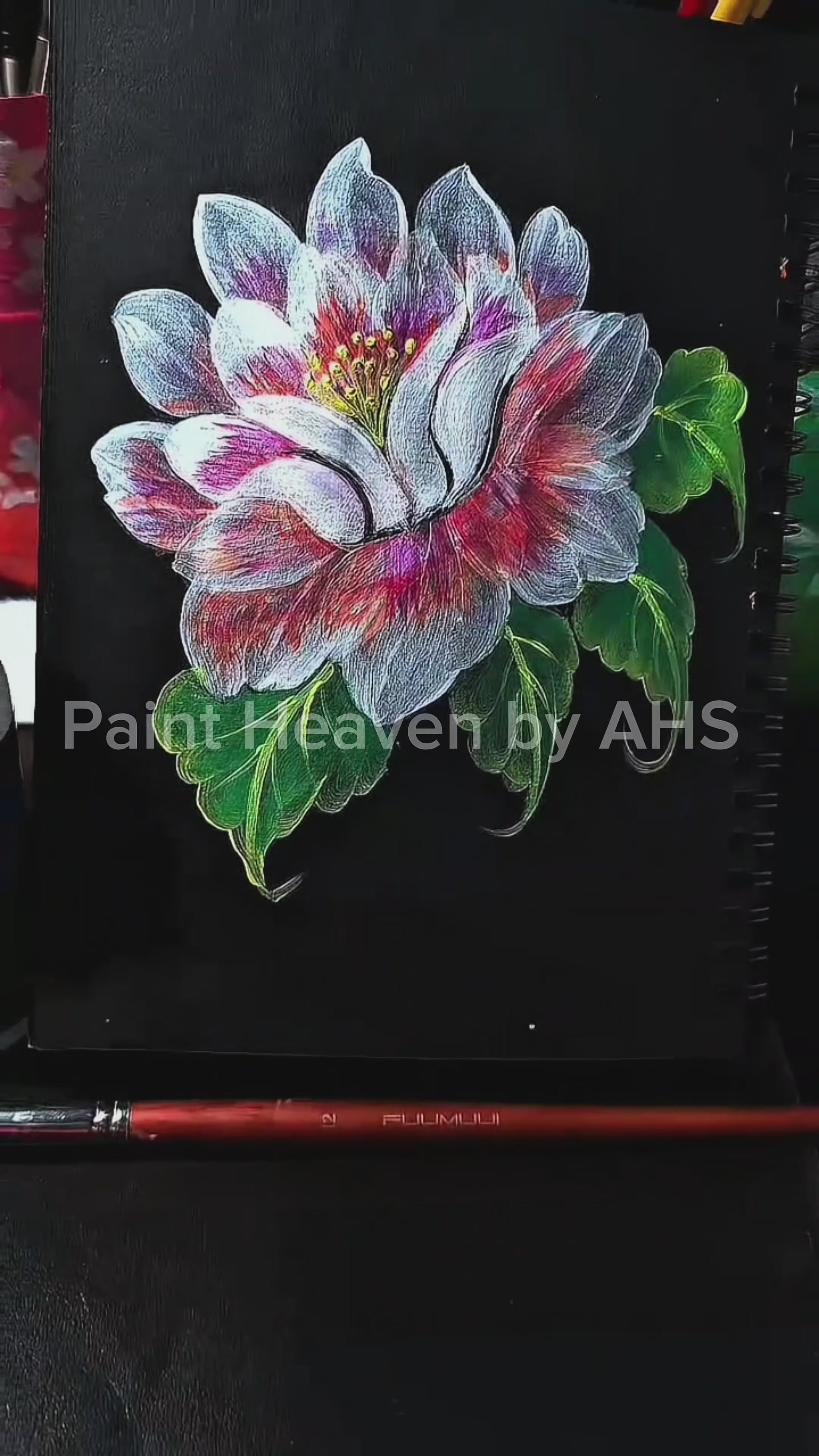 White Peony on Midnight Black Background one-stroke painting on black paper, printable wall art
