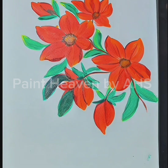 Bright Orange Florals with Buds one-stroke painting on white paper, printable wall art
