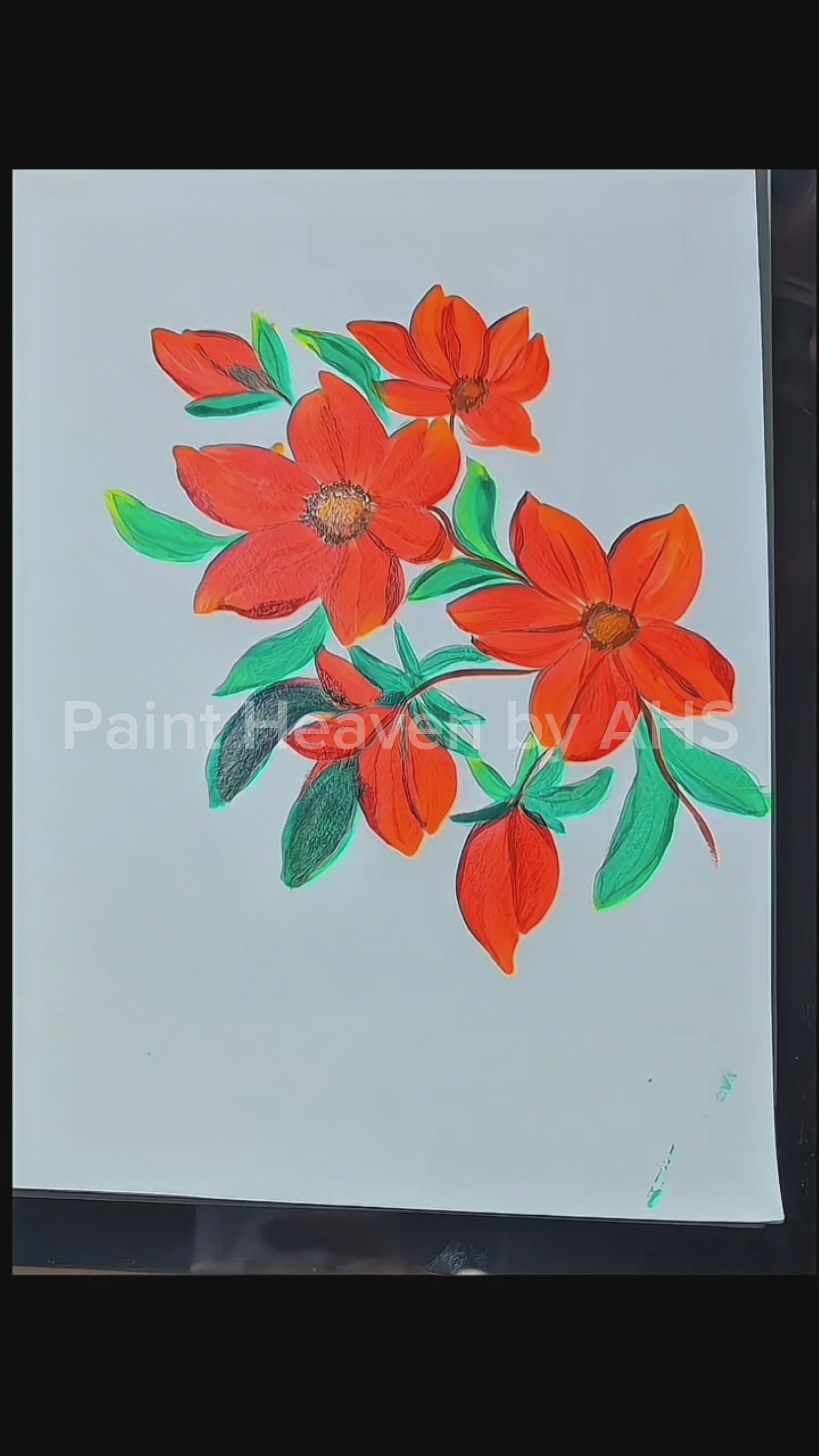 Bright Orange Florals with Buds one-stroke painting on white paper, printable wall art
