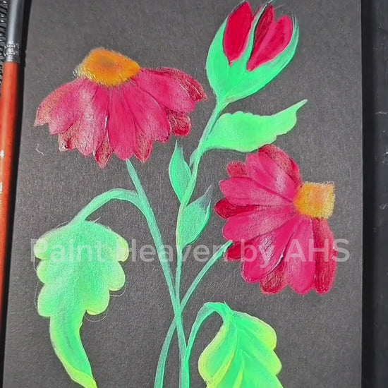 Bright Red Cone flowers with Buds one-stroke painting on black paper, printable wall art
