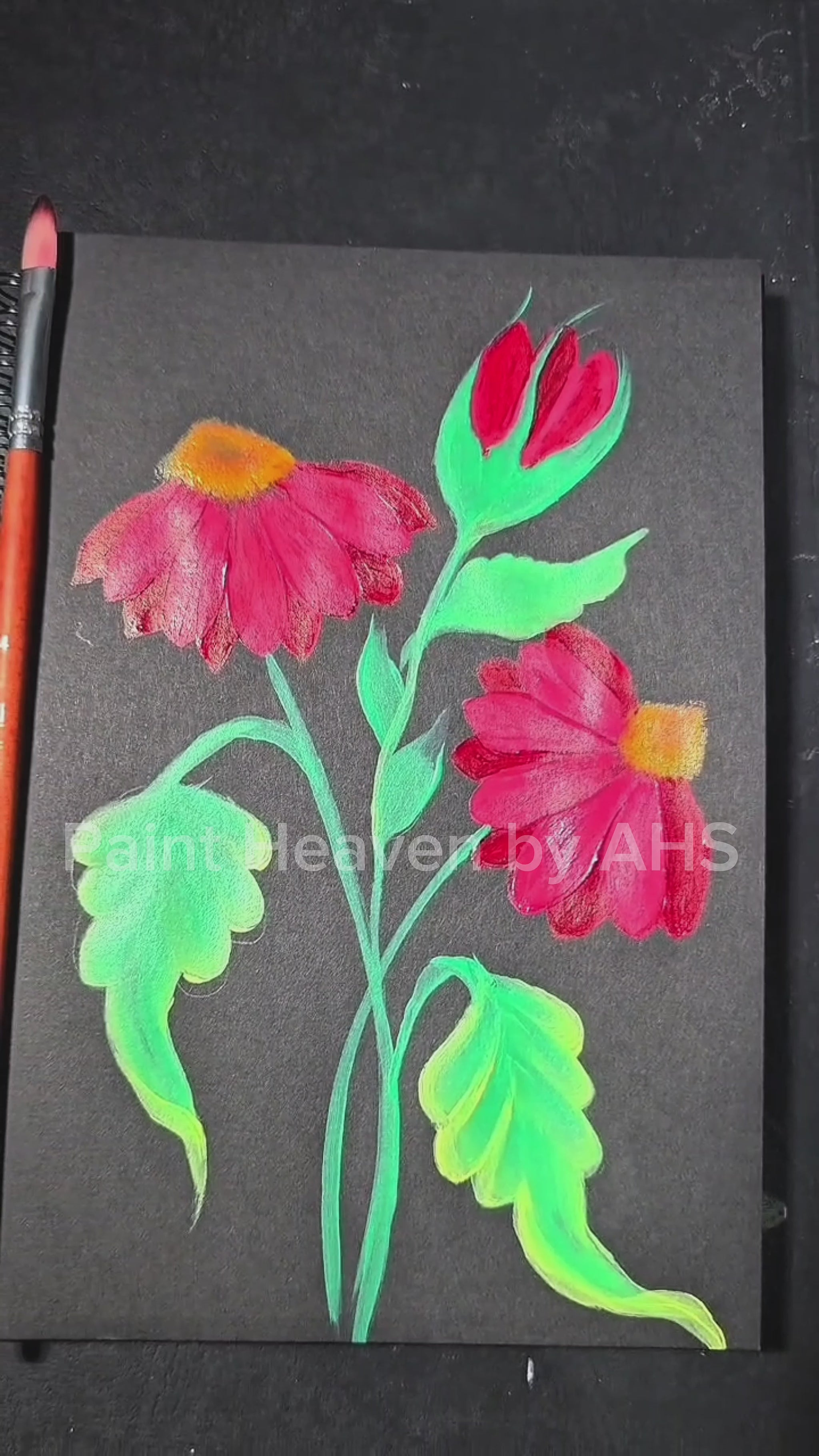 Bright Red Cone flowers with Buds one-stroke painting on black paper, printable wall art
