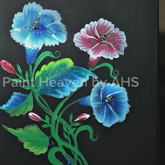  Luminous Blue Flower Cluster on Textured Black Paper one-stroke painting on black paper, printable wall art
