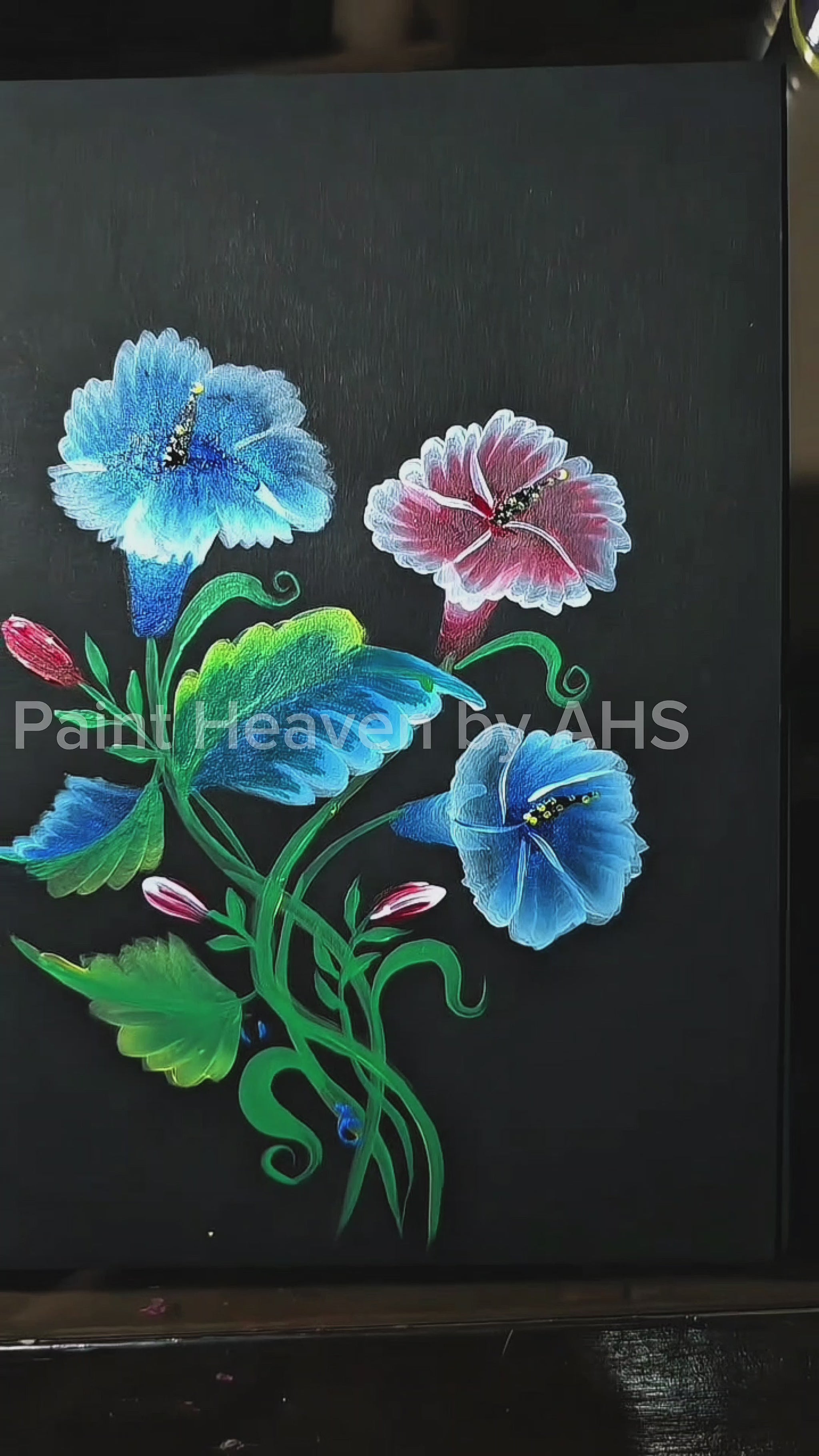  Luminous Blue Flower Cluster on Textured Black Paper one-stroke painting on black paper, printable wall art
