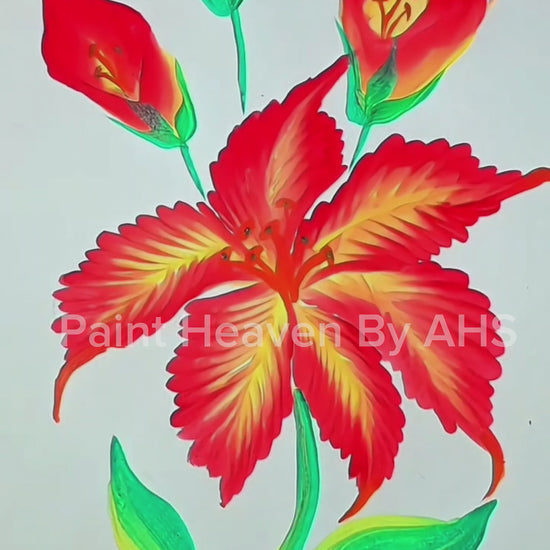 Red Lily with Buds one-stroke painting on white paper, printable wall art
