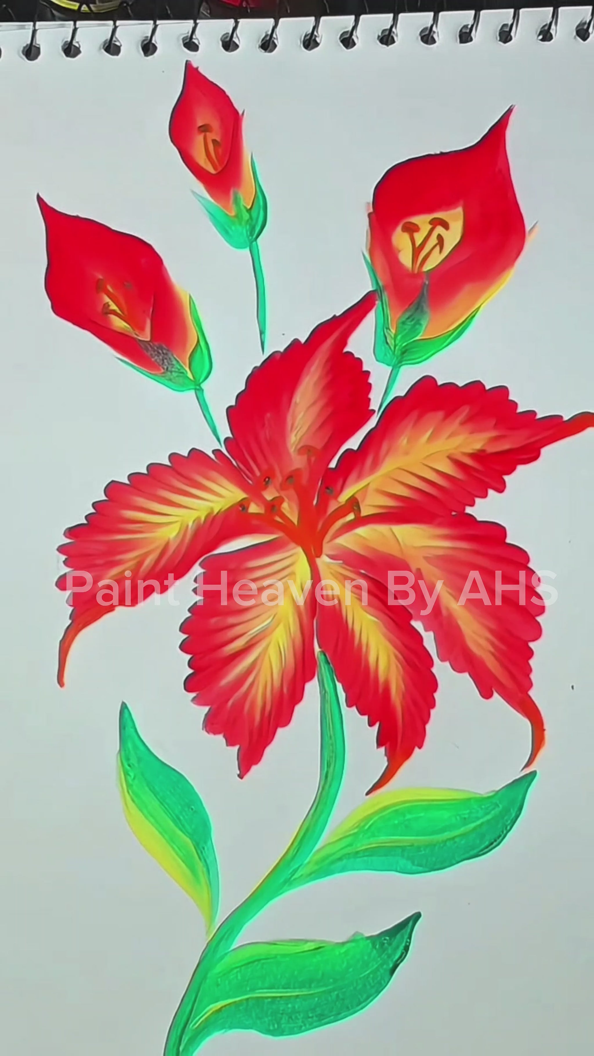 Red Lily with Buds one-stroke painting on white paper, printable wall art
