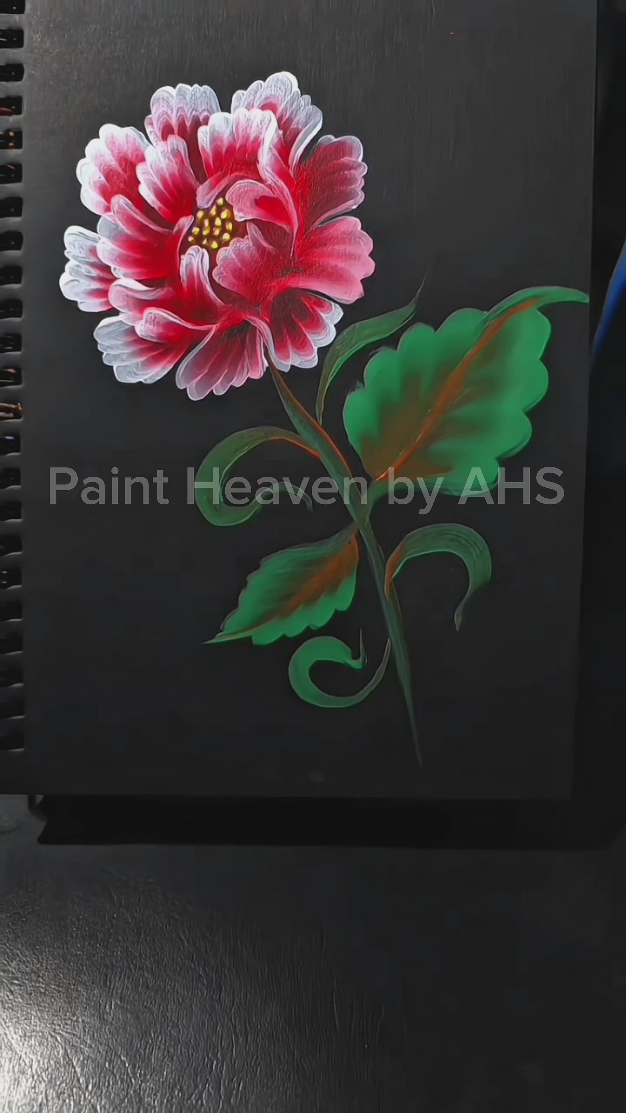 Deep Crimson Open Rose one-stroke painting on black paper, printable wall art
