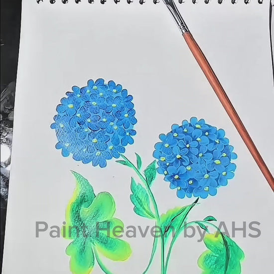 Blue Hydrangea Cluster one-stroke painting on white paper, printable wall art
