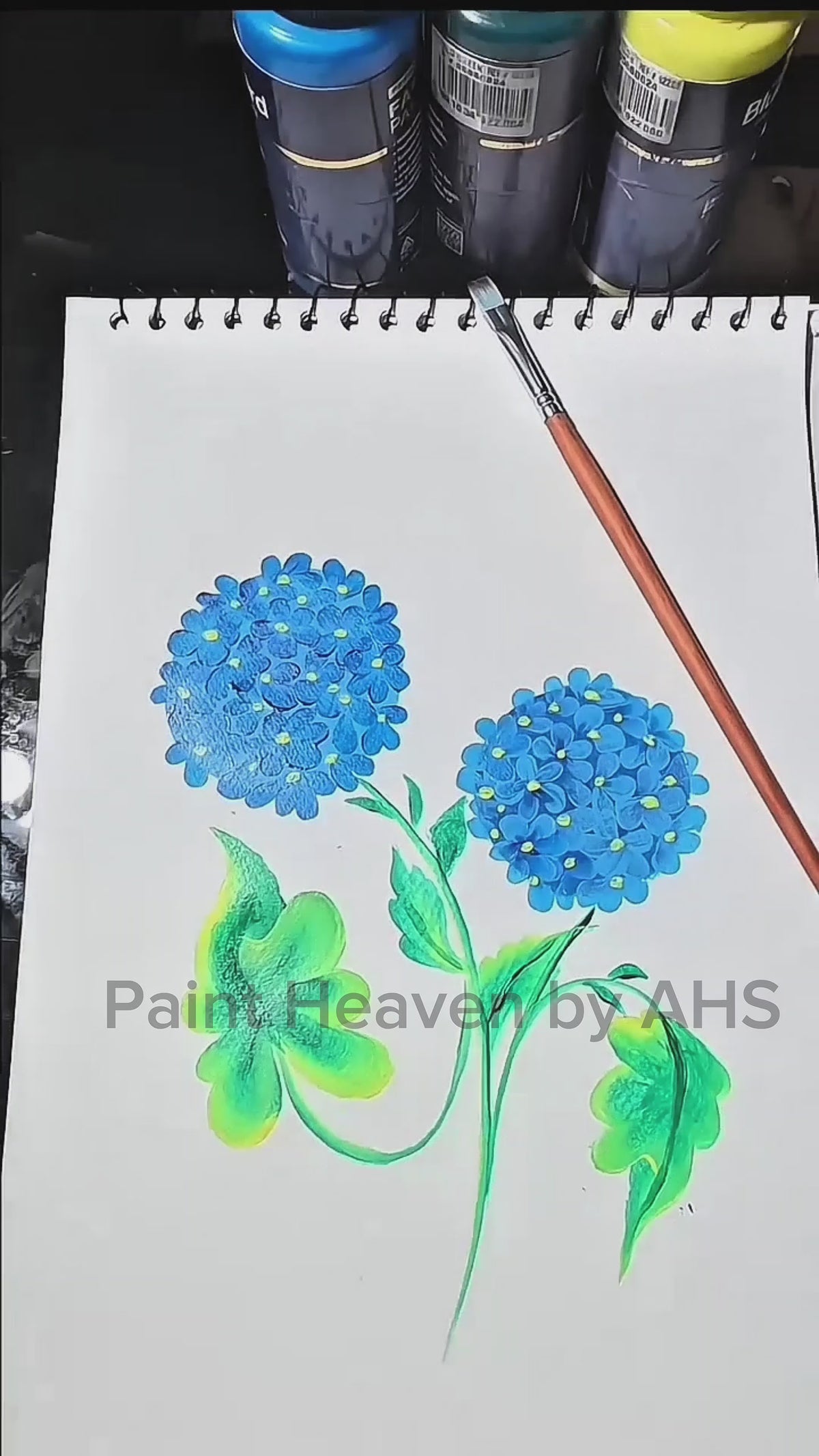 Blue Hydrangea Cluster one-stroke painting on white paper, printable wall art
