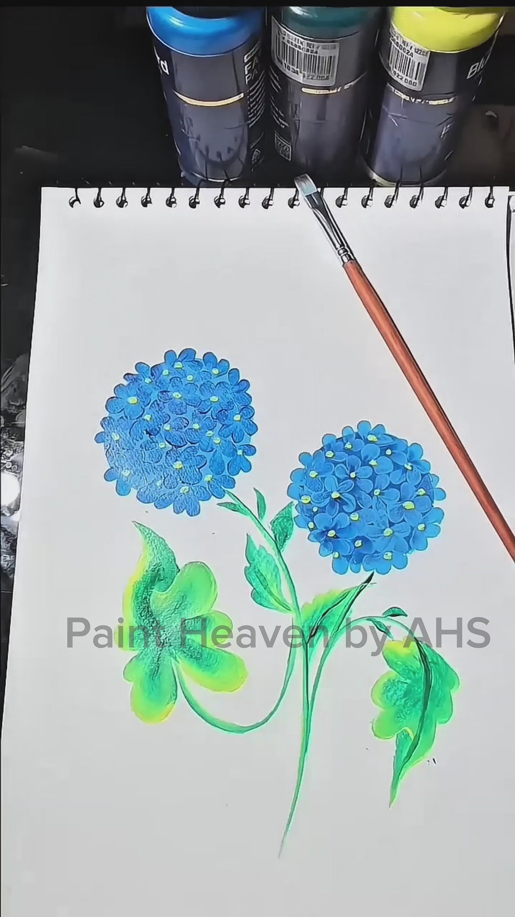 Blue Hydrangea Cluster one-stroke painting on white paper, printable wall art
