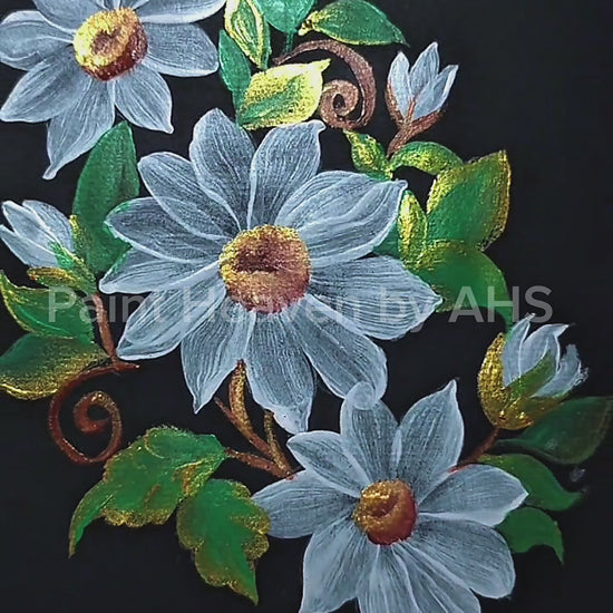 White Daisy Cluster one-stroke painting on black paper, printable wall art video Reference
