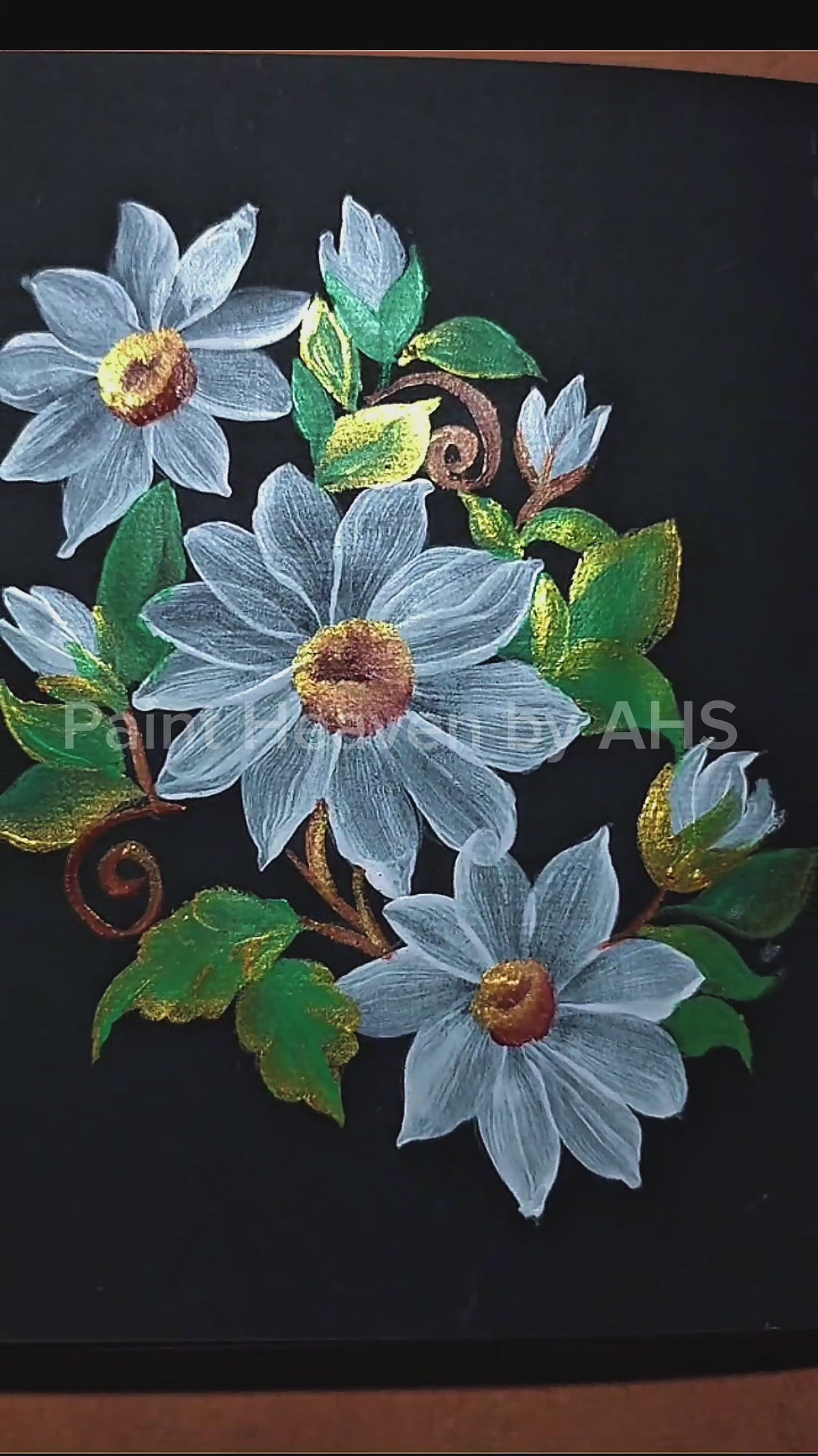 White Daisy Cluster one-stroke painting on black paper, printable wall art video Reference