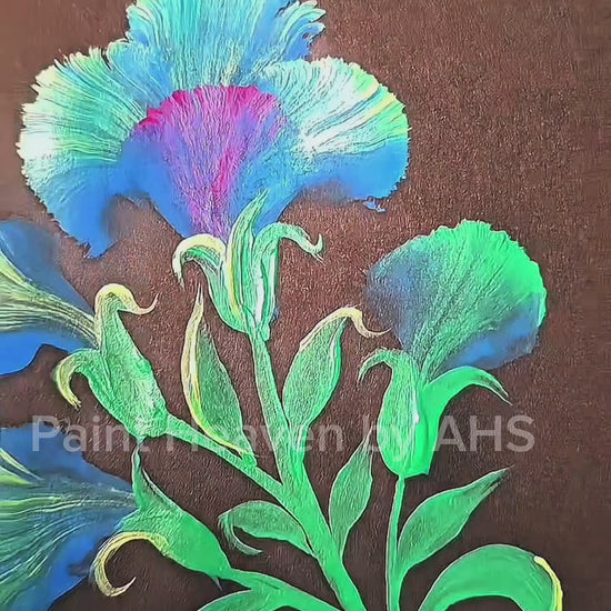 Blue & Pink Hibiscus Mix one-stroke painting on black paper, printable wall art
