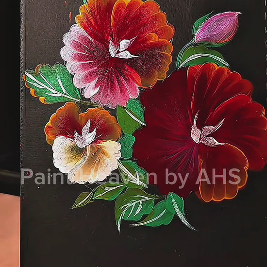 Sunset Red & Pink Florals one-stroke painting on black paper, printable wall art
