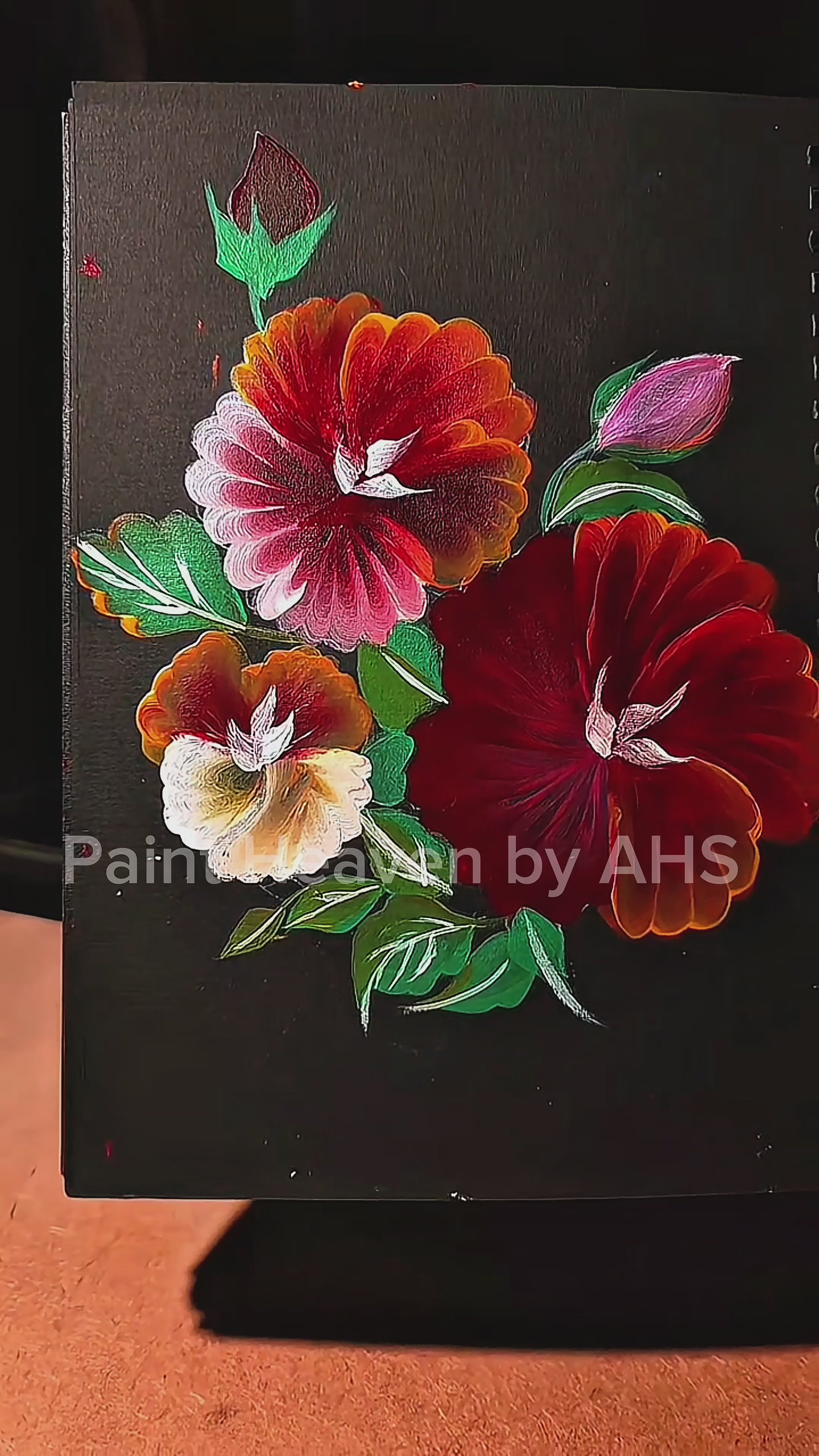 Sunset Red & Pink Florals one-stroke painting on black paper, printable wall art
