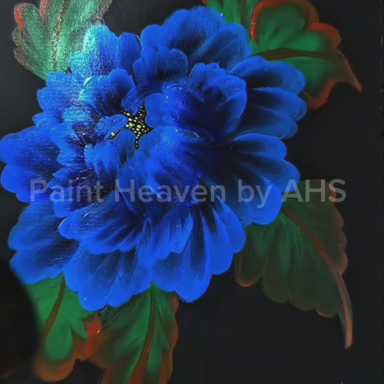 Vibrant Blue Petals one-stroke painting on black paper, printable wall art

